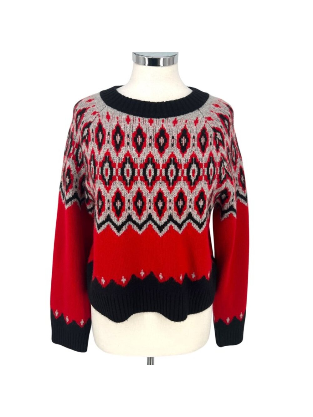 J.Crew Cashmere Après-Ski Nordic Pattern Knit Sweater Red Black Cabincore Small